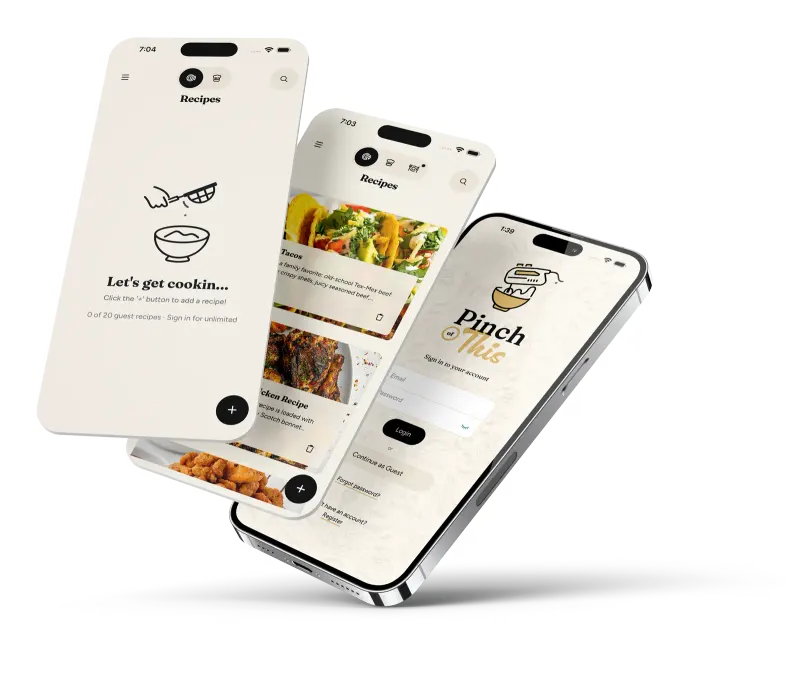 Pinch of This recipe app on three phones showing the recipe list, an empty recipe box, and sign in