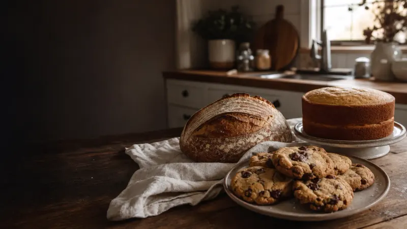 Fresh sourdough, cake, and chocolate chip cookies in a warm home kitchen